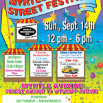 Colorful poster for the Myrtle Avenue Street Festival on Sunday, September 14th, 12–6pm, featuring live music, antique cars, an outdoor cafe, local vendors, and announcements for upcoming community events.