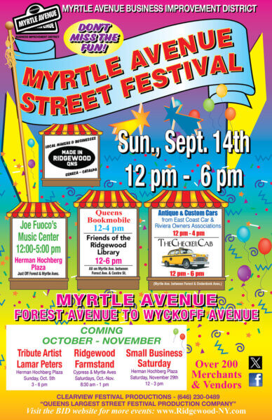 Colorful poster for the Myrtle Avenue Street Festival on Sunday, September 14th, 12–6pm, featuring live music, antique cars, an outdoor cafe, local vendors, and announcements for upcoming community events.