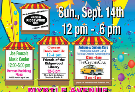 Colorful poster for the Myrtle Avenue Street Festival on Sunday, September 14th, 12–6pm, featuring live music, antique cars, an outdoor cafe, local vendors, and announcements for upcoming community events.