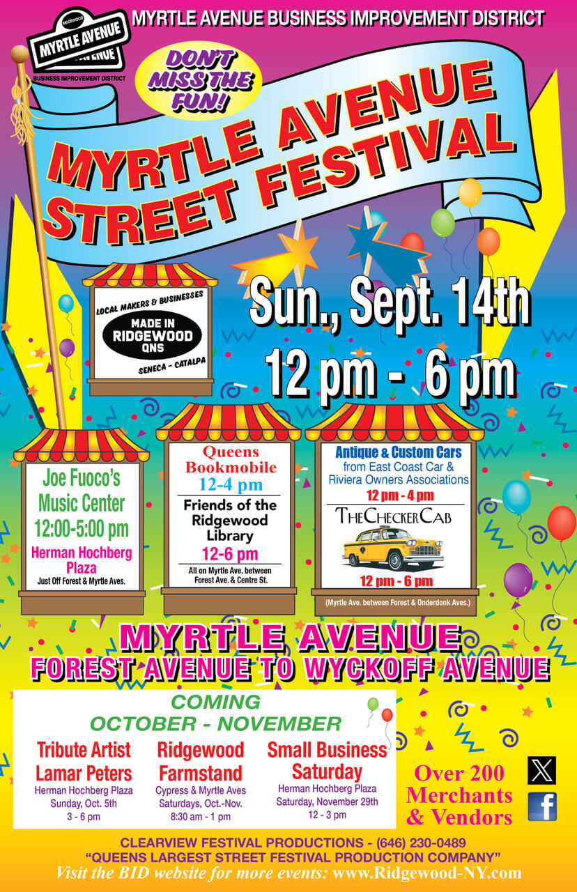 Colorful poster for the Myrtle Avenue Street Festival on Sunday, September 14th, 12–6pm, featuring live music, antique cars, an outdoor cafe, local vendors, and announcements for upcoming community events.