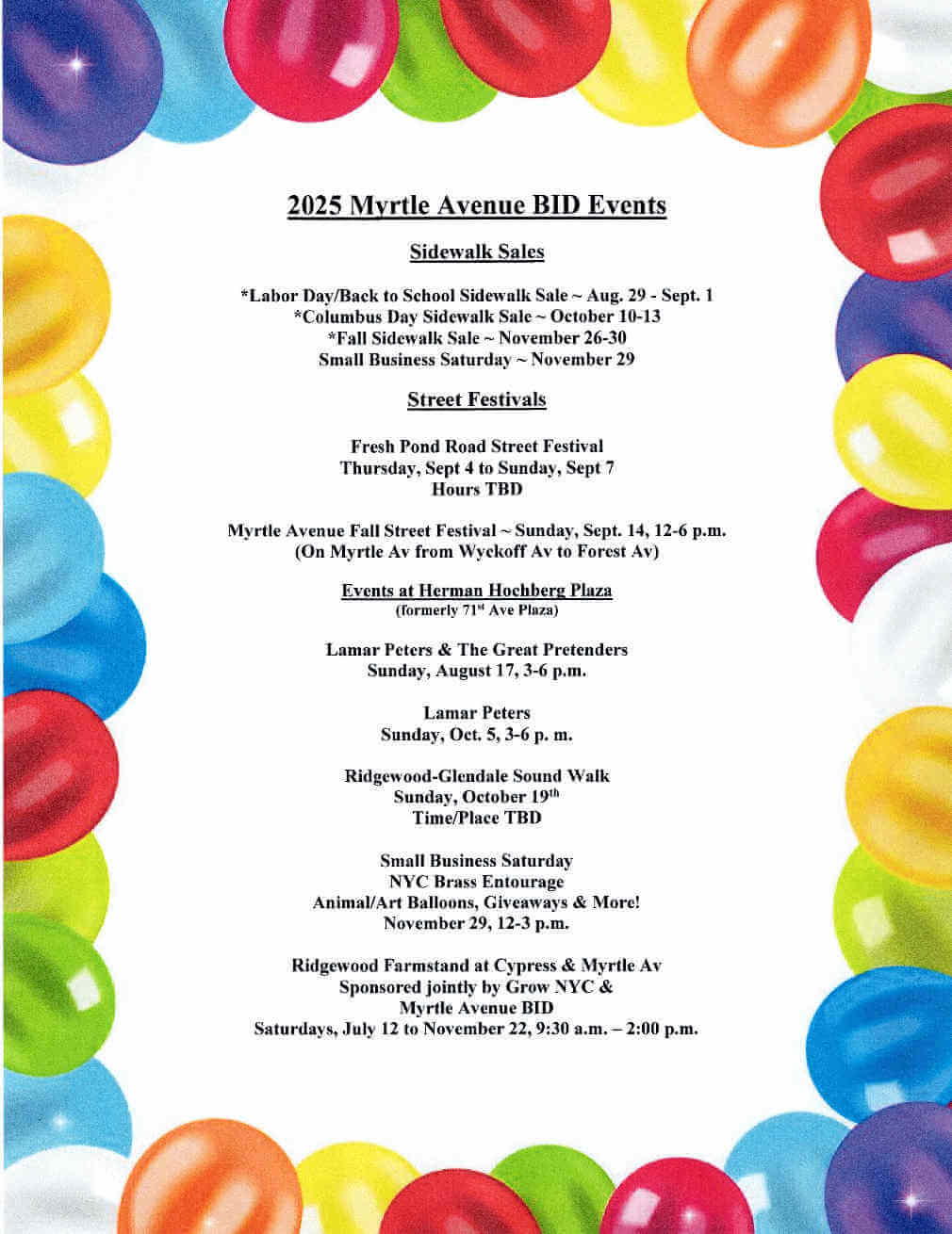 A colorful flyer with balloons along the border lists 2025 Myrtle Avenue BID events, including sidewalk sales, street festivals, local performers, sound walks, and markets, with dates and brief event details.