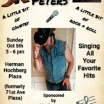 Poster for Lamar Peters event, featuring a man in a cowboy hat and denim vest. Text: “A little bit of country, a little bit of rock & roll.” Event on Oct 5, 3-6 pm, Ridgewood, Queens. Music notes, boots, mic, and logos shown.