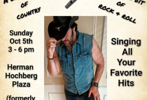Poster for Lamar Peters event, featuring a man in a cowboy hat and denim vest. Text: “A little bit of country, a little bit of rock & roll.” Event on Oct 5, 3-6 pm, Ridgewood, Queens. Music notes, boots, mic, and logos shown.