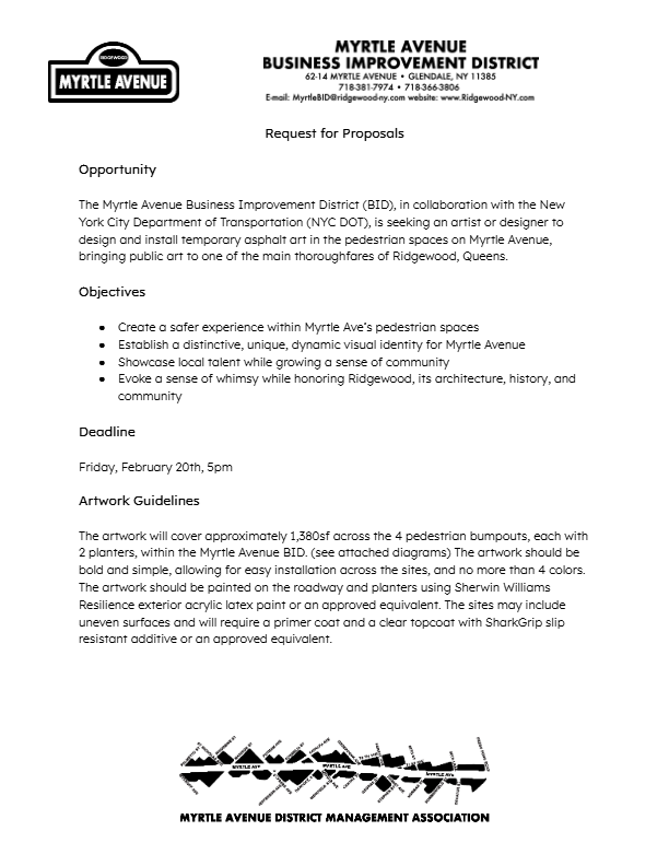 A flyer titled "Request for Proposals" from Myrtle Avenue BID seeks artists to design sidewalk art. It lists objectives, a February 20th deadline, and artwork guidelines, and features two Myrtle Avenue logos at top and bottom.