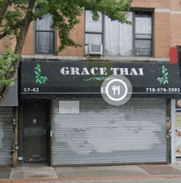 A storefront with a black sign reading "Grace Thai" in white letters, flanked by green leaf designs. The metal security shutters are closed, and there is a tree partially visible to the left.