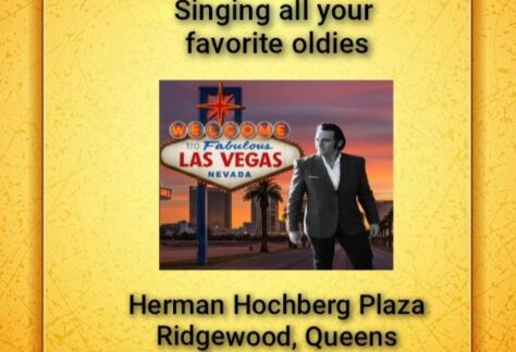 Event poster for Lamar Peters singing oldies, with an image of a performer by a Las Vegas sign. Event at Herman Hochberg Plaza, Ridgewood, Queens, on Sunday August 2nd, 3:00-6:00, sponsored by Myrtle Avenue BID.