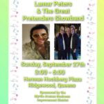 Event flyer with “Lamar Peters & The Great Pretenders Showband,” photos of band members, event details for September 27th, 3–6 PM, at Herman Hochberg Plaza, Ridgewood, Queens, and sponsorship info. Colorful music note border.