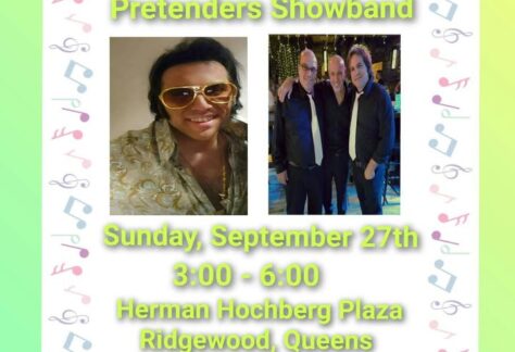 Event flyer with “Lamar Peters & The Great Pretenders Showband,” photos of band members, event details for September 27th, 3–6 PM, at Herman Hochberg Plaza, Ridgewood, Queens, and sponsorship info. Colorful music note border.