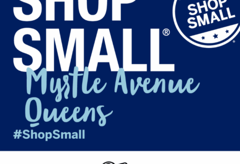 Blue and white graphic with text: "Shop Small. Myrtle Avenue Queens #ShopSmall." Logos for NYC Small Business Services, Myrtle Avenue BID, and American Express are at the bottom.