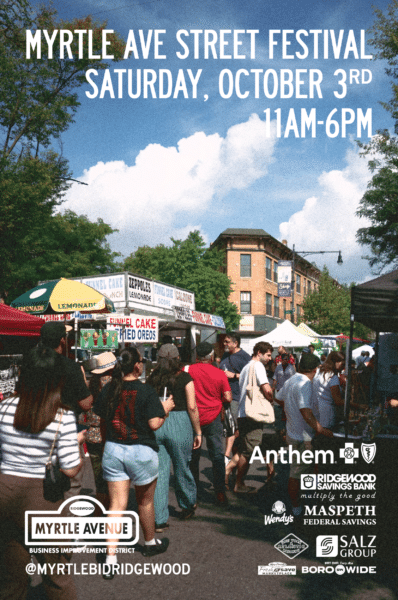 Crowd walking through Myrtle Ave Street Festival; food stands with signs like “Lemonade” and “Funnel Cake” line the street. Blue sky with clouds above, and logos for sponsors shown at the bottom of the poster.