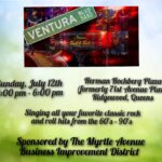 Flyer for a Ventura Blvd. Band concert featuring classic rock and roll from the 60s–90s. Event is Sunday, July 12th, 3–6 pm at Herman Hochberg Plaza, Ridgewood, Queens. Sponsored by Myrtle Avenue BID.