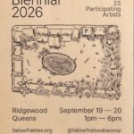 Poster for Fallow Frames Biennial 2026 featuring a drawing of a tree stump surrounded by empty tree beds, event details, dates September 19–20, Ridgewood Queens, and social media links on a brown background.
